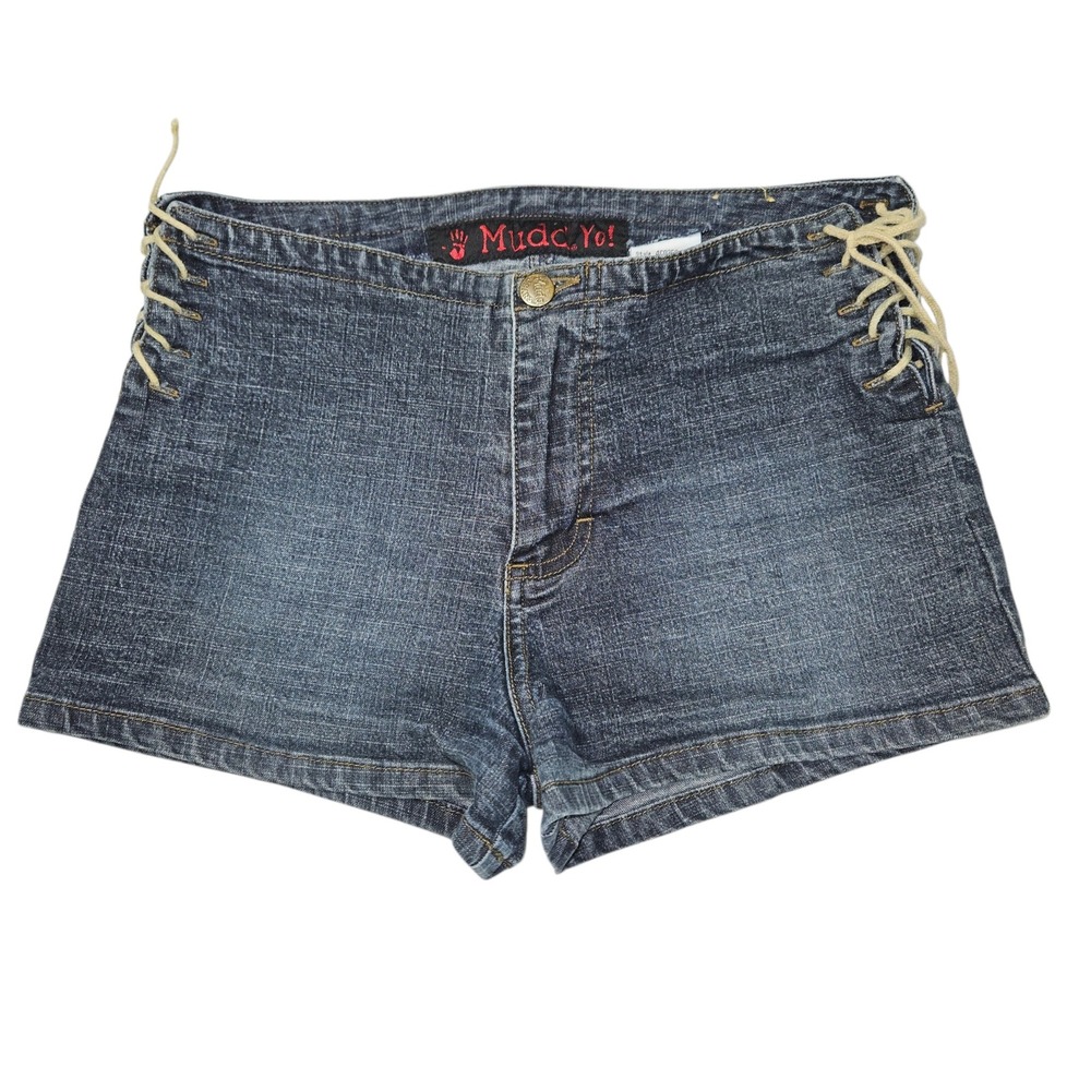 VTG Mudd Yo! Y2K Lace Up Side Denim Jean Shorts Dark Wash Sz 3